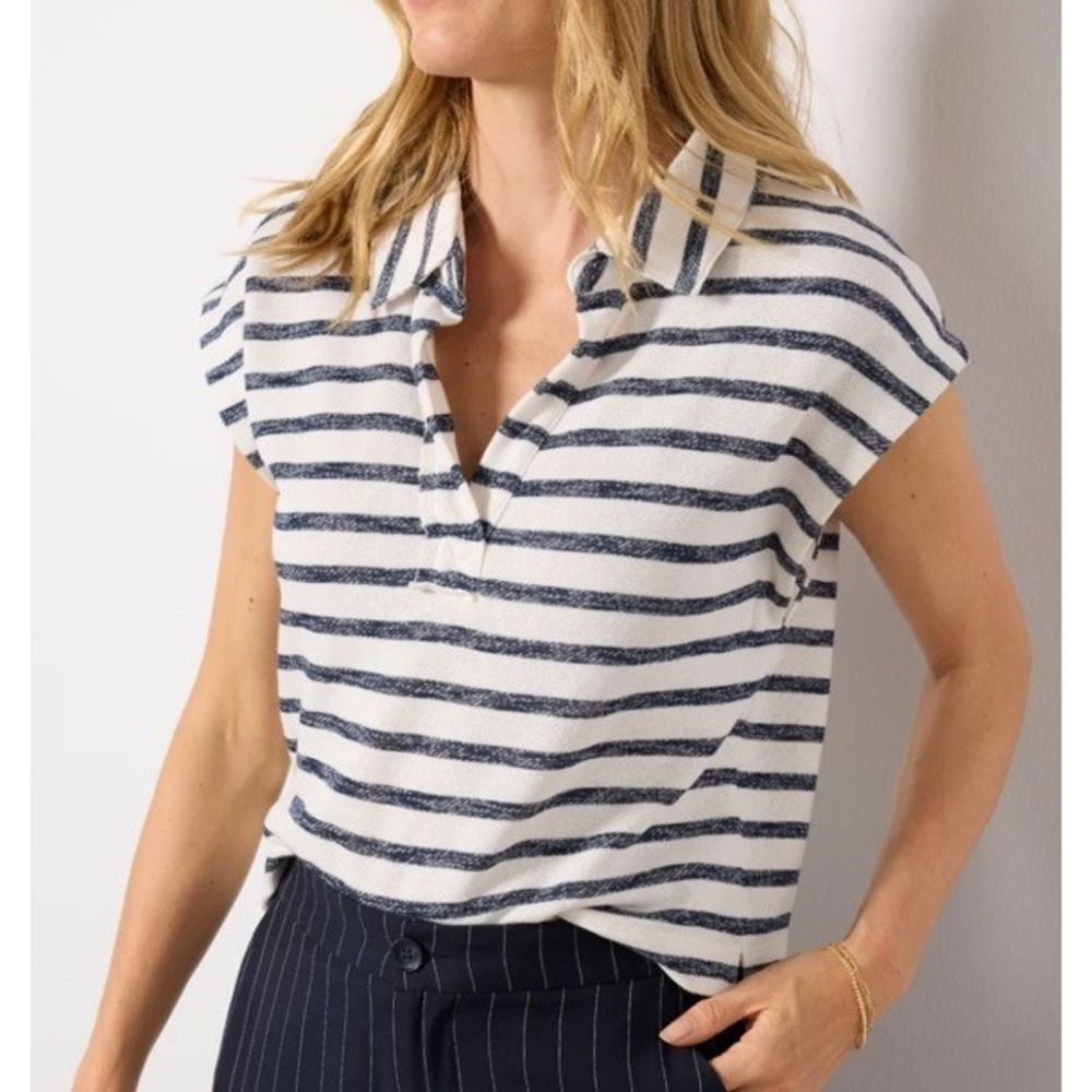 Evereve Dylan Polo Collar Sweatshirt Striped  Short Sleeve White & Navy, Sz. M,